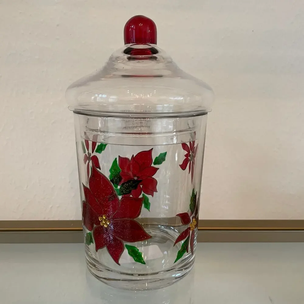 Clear Glass Christmas Poinsettia Storage Canister Cookie Jar 7.5x4 Holiday NEW